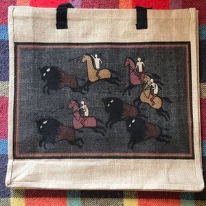 Large Jute Tote with Horses and Buffalo